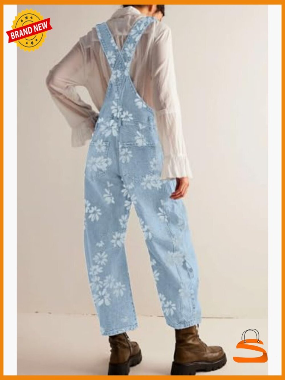 Floral Print Denim Overalls Baggy Barrel Jeans Y2K Wide Leg Jumpsuit One Piece - Picture 5 of 7